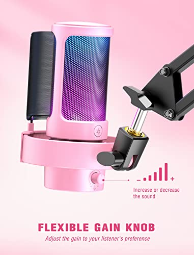 Image of USB Streaming Gaming Microphone, Fifine AMPLIGAME PC Condenser Desktop Mic for Video, Home use, YouTube, with RGB Control, Gain Knob, 3.5mm Headphone Jack, Shock Mount, on Computer /PS4 /PS5-A8 Pink