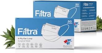 FILTRA® 4-Ply Ear Loop Mask (Box of 50 Masks) | High Filtration | Breathable | Hypoallergenic | 4 Layer | Fluid Repellent | Ergonomic