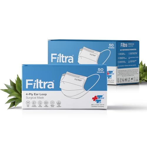 FILTRA® 4-Ply Ear Loop Mask (Box of 50 Masks) | High Filtration | Breathable | Hypoallergenic | 4 Layer | Fluid Repellent | Ergonomic