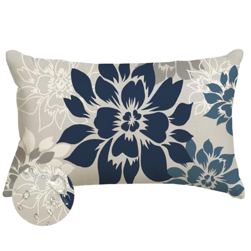 ARGOOFG Waterproof Dark Blue Dahlia Floral Outdoor Pillow Covers 12x20 Inch Decorative Spring Summer Cushion Cases for Living Room Sofa Patio Garden Porch