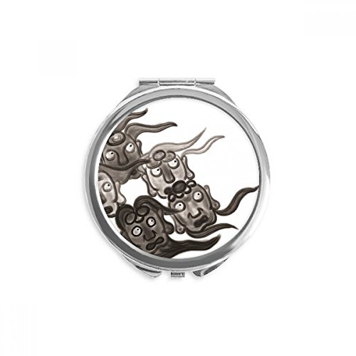 Miroir de poche à la main portable rond cinq gobelins maquillage multicolore encre de chine