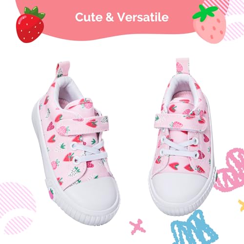 waddle wonder Strawberry Print Toddler Shoes for Girls, Canvas Casual Baby Sneakers, Non-Slip Rubber Sole, Educational Left-Right Design Pink Size 6-103