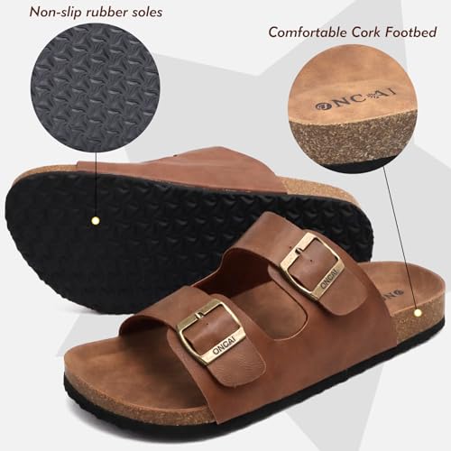 ONCAI Mens Sandals,Beach Slides Cork Footbed Slippers with Adjustable Buckle Straps Size 7-133