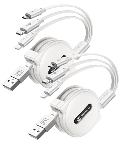 【2本セット巻き取り式充電ケーブル 新登場】3in1 充電ケーブル 巻き取り 3in1 充電コード 3台同時給電可能3A充電最大15W 伸縮式 絡み防止 3種類端子対応 1.2m 高速データ転送（i0s対応のみ）正規充電器対応 (ホワイト)の商品画像（Amazon）