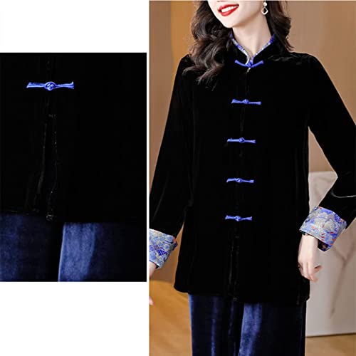 Women Chinese Velvet Tang Suit Hanfu Jacket Embroidery Chinese Traditional Clothing, Vintage Oriental Cotton Coat Black-L4