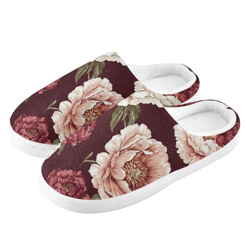 JUNZAN Vintage Peony Burgundy Womens House Cotton Slippers Lightweight Memory Foam Ladies Slippers for Hotel Funny Presents 6-74