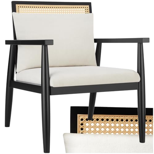 tectake® Fauteuil Relax Fauteuil Salon Confortable en Bois Massif & Cannage, avec Coussins & Accoudoirs pour Salle à Manger, Salon, Chambre, Chaise Bureau,...