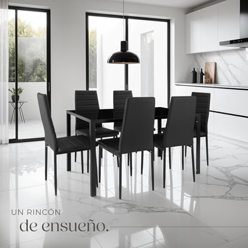 Miniatura 8 de Tectake 800551 Juego De Muebles, Set De 6x Sillas Mesa, Conjunto Mobiliario, Cocina Comedor Salón, Cuero Sintético Pvc, Nuevo Negro Negro