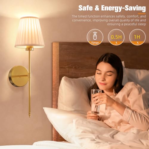 Image of NIORSUN 19.9 inch Battery Operated Wall Sconce Set of 2,Beige Gold Rechargeable Wall Lights with 10400mAh Dimmable Bulbs and Remote, 9 Colors Wireless Wall Lamps for Bedroom Living Room Decor