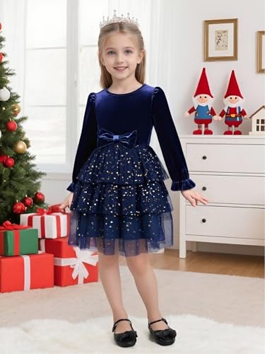 2-7Y Toddler Girls Fall Winter Velvet Tulle Tutu Dresses Long Sleeve Ruffle Holiday Christmas Princess Party Dress3