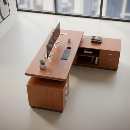 Image of Lakdi The Furniture Office Desk for Co Director & Executive Table L- Shape Design Made in Engineered Wood Drawer Multi Wire Manager CPU Space & Storgae Brown 5-Year Warranty & Free Assembly (LDL-538)