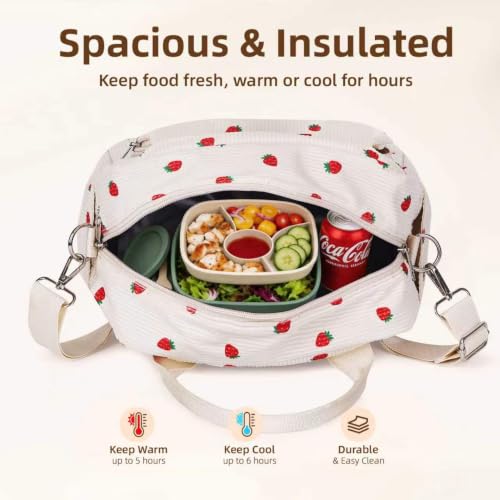 Image of LOVELYWIND Large Insulated Lunch Bag Women, Cute Strawberry Lunch Box 12L | Large Shoulder Strap Lunch Tote With Insulated Lining; Stylish Look For Work, School, Picnic, And Organized Meals.