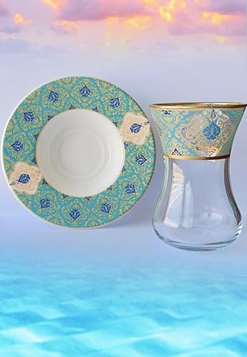 Altın yeşil desen işleme model incebelli bardak porselen tabak 6 kişilik çay seti - Görsel 3