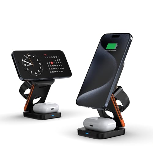 Srarosai 3in1 ワイヤレス充電器 Magsafe対応 充電スタンド 折りたたみ式 マグセーフ充電器 15W急速充電 マグネット式 Qi対応 5W/7.5W/10W/15W対応iPhone16/15/14/13/12/iWatch Ultra2/