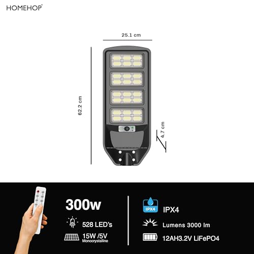 Image of Homehop Solar Light Outdoor Home Garden 300W Street Motion Sensor Night LED | Solar Street Light Outdoor Waterproof Automatic Wall Lamp for Road, Yard and Driveway with Pole (12000mAh, Cool White, ABS)