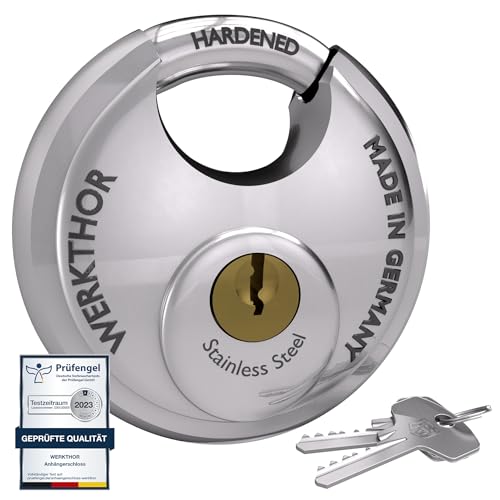 WERKTHOR Candado con Llave - Candado de Disco 7cm para Cerradura de Remolque - Candado de Seguridad + 2 Llaves - Candado de Arco Redondo