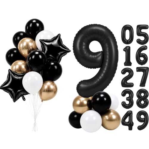 Image of PartyWoo Black Number 9 Balloon 40 Inch 25pcs Black Foil Star White Gold