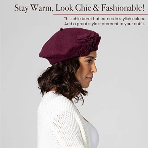 San Diego Hat Co. Women's 100% Wool Beret Hat With Flower Detail, Berry, One Size #TOP6