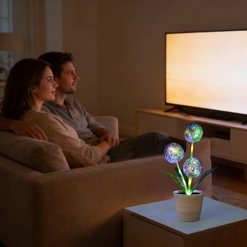 Image of Artificial Purple Allium Flower Lamp, Color Changing LED Light with White Pot, Battery Powered for Bedroom Wedding Christmas, Gifts for Women Mom Grandma Girlfriend on Birthday Christmas Valentines