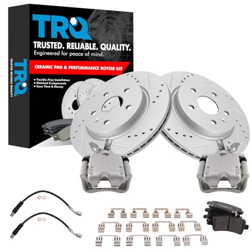 Image of TRQ Performance Rear Brake Pad and Rotor Set Ceramic Slotted Drilled 315 mm Rotors Calipers Hoses Compatible with 2014-2015 Chevrolet Malibu