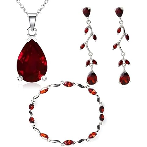 Crystalline Azuria Teardrops Set with Red Zirconia Crystals Necklace 18 inches Dangle Earrings Bracelet 18K White Gold Plated Cover
