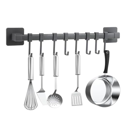 Wenrescry Barra de Ganchos Cocina Autoadhesiva (8 Ganchos) – Sin Taladros, Soporta hasta 5kg, para Utensilios, Ollas Pequeñas, Organizador de Pared Negro