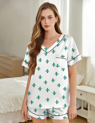 Image of Silk Pajamas for Women Short Sleeve Satin 2 Piece Pj Set Soft V Neck Sleepwear Loungewear, S-XXL