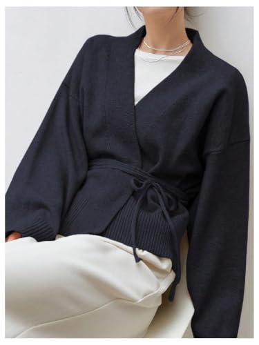 Image of WDIRARA Women's Wrap Long Sleeve Tie Front Cardigan | V Neck, Belted Sweater, Casual, Long Sleeve, Tie Waist, Knit Top