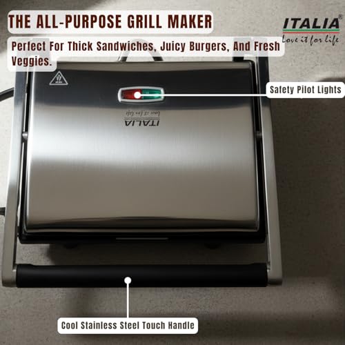 Image of ITALIA 2000W High-Performance Grill Maker | Rapid Heating, Non-Stick Plates, Stainless Steel Body, Safety Lights, Cool-Touch Handle, Multi-Purpose Sandwich & BBQ Griller | 1 Year Warranty