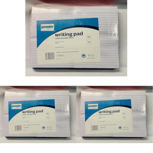 Premier Stationery A5 Ruled Writing Pad Notebook - Recycled 50 GSM Paper Notepad for Notes, Appointments & Lectures, Legal Pad Notebook 100 Sheets with Cardboard Backing, Glue-Top Easy Sheet Removal