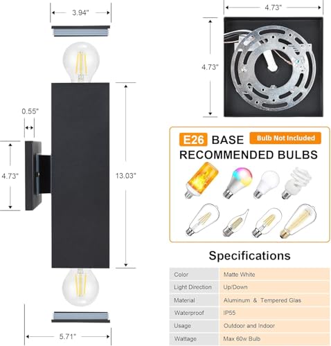 Image of Dusk to Dawn Outdoor Wall Lights, Aluminum Classic Outdoor Wall Sconce, Anti-Rust Waterproof Square Cylinder Wall Lantern Exterior Up Down Light Fixtures Matte Black [UL Listed] 2Pack