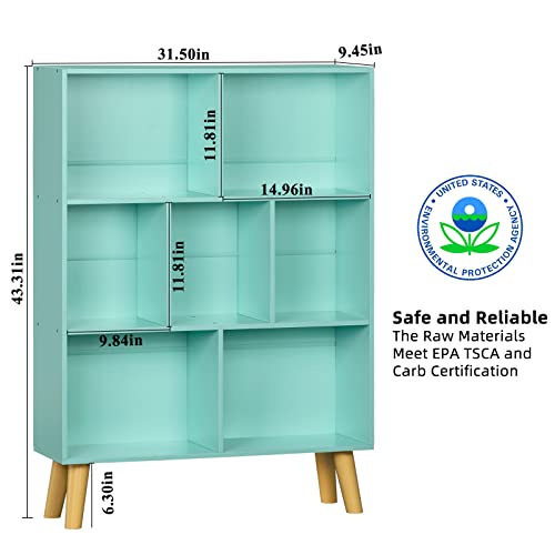 7 Cube Bookshelf 3-Tier Bookcase With Legs, Mint-Green Kids Book Shelf Cute Storage Organizer, Free Standing Open Toy Shelves Modern Bookshelves,Wood Display Bookcases For Bedroom,Living Room,Nursery #TOP2