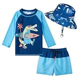 CuteCotton Toddlers Baby Boys' 3-Piece Rashguard Sets Bathing Suit Swimsuits with Hat Surfing Swimwear (Crocodile,3-4 T)