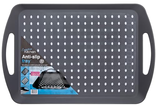 Bandeja Grande Antideslizante apilable – Bandeja de plástico PP Gris sin BPA con Asas de fácil Agarre – Base y Superficie Antideslizantes, Apta para lavavajillas – 41 x 28,5 cm, Ideal para el hogar