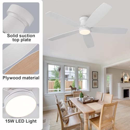 Image of 52 inch White Flush Mount Ceiling Fans with Lights and Remote,White Bedroom Ceiling Fan with Lights, Low Profile Ceiling Fan with Light For Bedroom Outdoor, Memory Fuction Quiet DC Motor