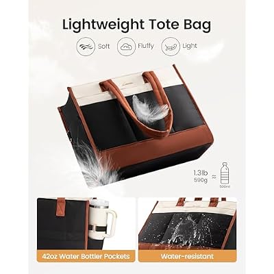 LOVEVOOK Tote Bag for Women, Puffer Laptop Handbag Work Purse 15.6 Inch for Teacher Nurse, Large Quilted Travel Tote Shoulder Bag with Zipper for College Office Clinical Gym, Cream-Black-Brown
