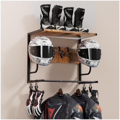OMISRUIS Motorcycle Helmet Holder Wall Mounted Helmet Rack Wall Mount with Helmet Rack 4 Glove Chips and 4 hooks Rustic Helmets Holder and Motorcycle Helmets Racks for Most of Helmet and Clothes