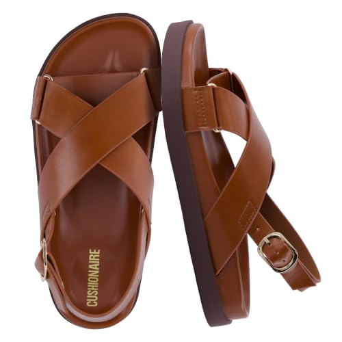 CUSHIONAIRE Eden Footbed Sandals for Women, Comfortable Arch Support Womens Sandals with Platform, Slingback Strap and Memory Foam, COGNAC