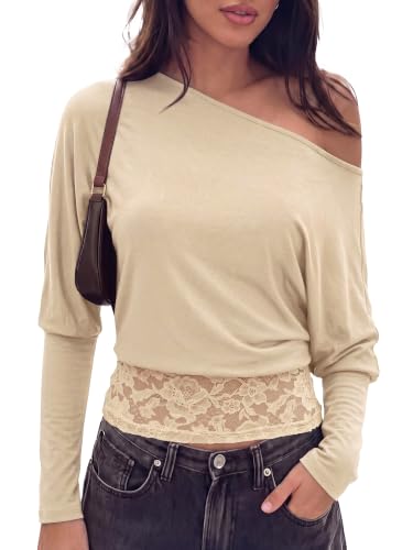 KIRUNDO Womens Fall Trendy Off The Shoulder Tops Sexy Asymmetrical T-Shirts