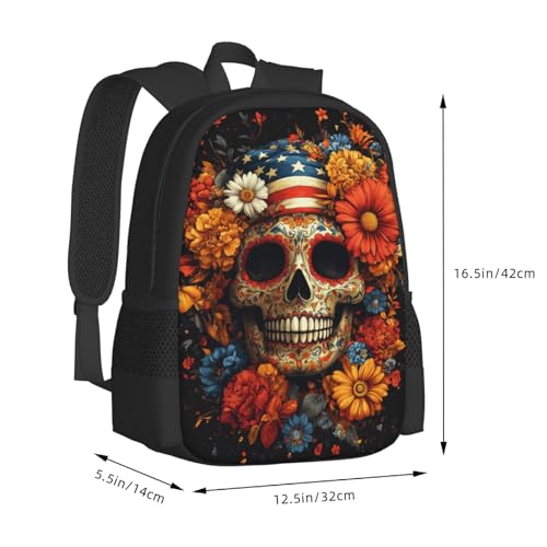 Image of Floral Skull Print Backpack For Men Women Lightweight Daypack For Daily Commutes Business Travel Hiking