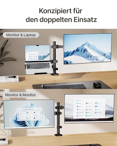 monTEK 2 w 1 uchwyt na monitor z uchwytem na laptopa, stojak na biurko z regulacją wysokości, do monitora do 32" i laptopa 17", maks. 10 kg, zacisk C i mocowanie grommet