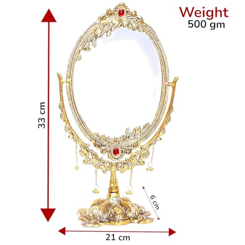 Image of KridayKraft Gold-Plated Double-Sided Oval Metal Table Mirror - Floor-Mounted Unframed Vanity Mirror for Home Decor, Birthday, Anniversary, Wedding & Festive Gifting for Loved Ones