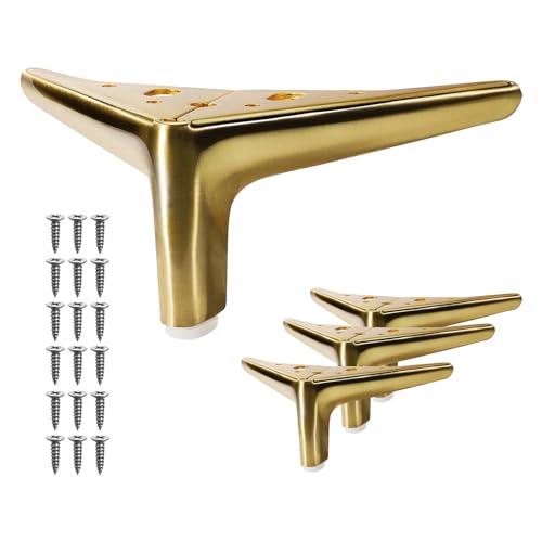 VEHCIL 4-inch Brushed Gold Furniture Legs Legs for Furniture Set of 4 Modern Furniture Feet Metal Table Legs for Cabinet Sofa Couch Chair Bed Dresser Wardrobe Risers DIY Replacement