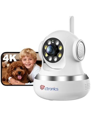 Ctronics 4K Caméra Intérieure, 5G/2,4Hz Wi-FI, Suivi Automatique, Vision Nocturne Couleur, Alarme Sonore et Lumineuse, 8 Positions Préconfigurées, App & PC, Cloud/256GB TF/FTP