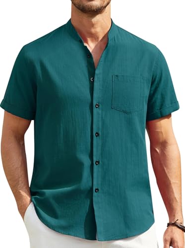 Enlision Camisa de Lino Hombre Manga Corta Cuello Mao Camisa Verano Lino Hombre Casual Henley Camisas Verde Oscuro Ropa Ibicenca Hombre Camisetas con Botónes Top 3XL