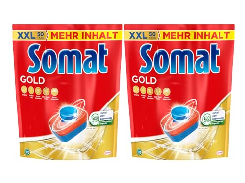 Somat Pastillas para lavavajillas doradas, 100 pastillas (2 x 50 pastillas), pastillas para lavar platos brillantes y limpios incluso a bajas temperaturas, fuerza extra contra los desecados