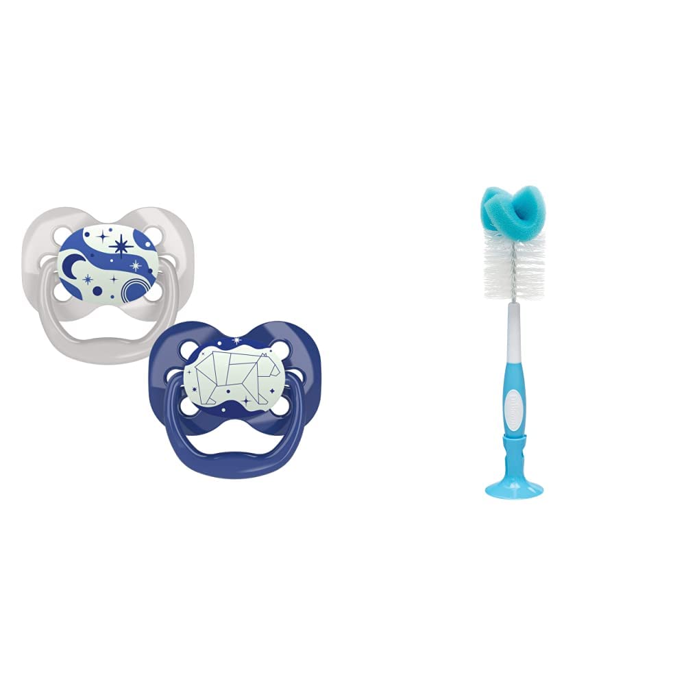 Advantage Glow in The Dark Soother, Stage 1 (0-6 Months) Blue, 2 Pack & Dr. Brown's Bottle and Teat Brush