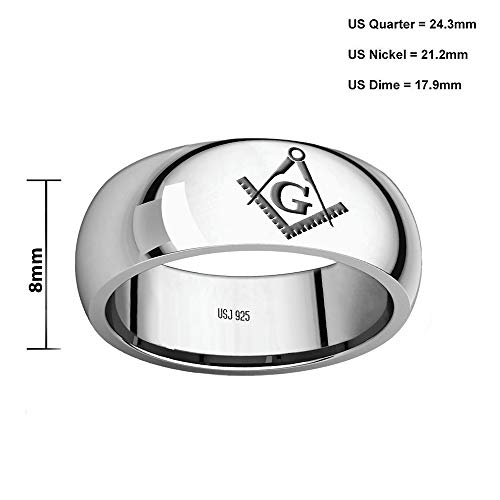 US Jewels Mens 925 Sterling Silver 8mm Half Round Masonic Master Mason Ring Band3
