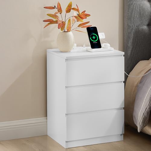 VASAGLE Bedside Table with Power Strip Modern Side End Table with Drawers 2 AC Outlets 2 USB Ports for Living Room Bedroom Cloud White KAILYN Collection LET631W15V1