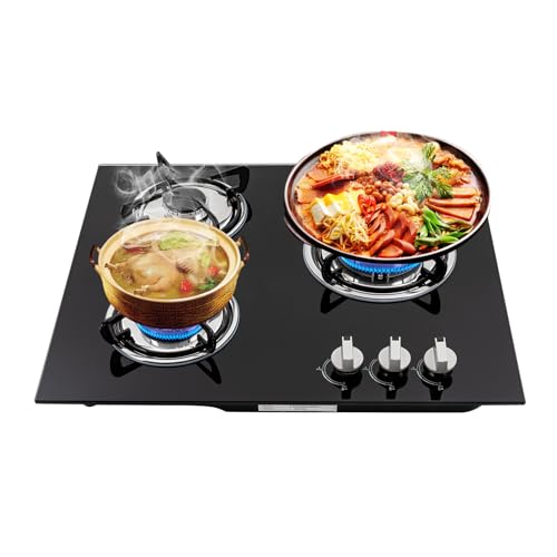 3-Burner Gas Hob Stove, Natural Gas Cooktop, Tempered Glass Panel & Auto Flameout Protection, for Indoor/Outdoor Kitchen Black, Embedded/Tabletop Installation